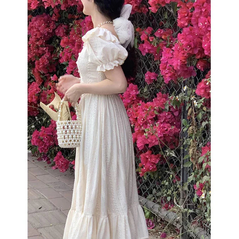 mvrsgreen Elegant Square Collar White Dress Summer Fashion Puff Sleeve Ruffle Dress for Women  Chic Vintage Maxi Dresses   New