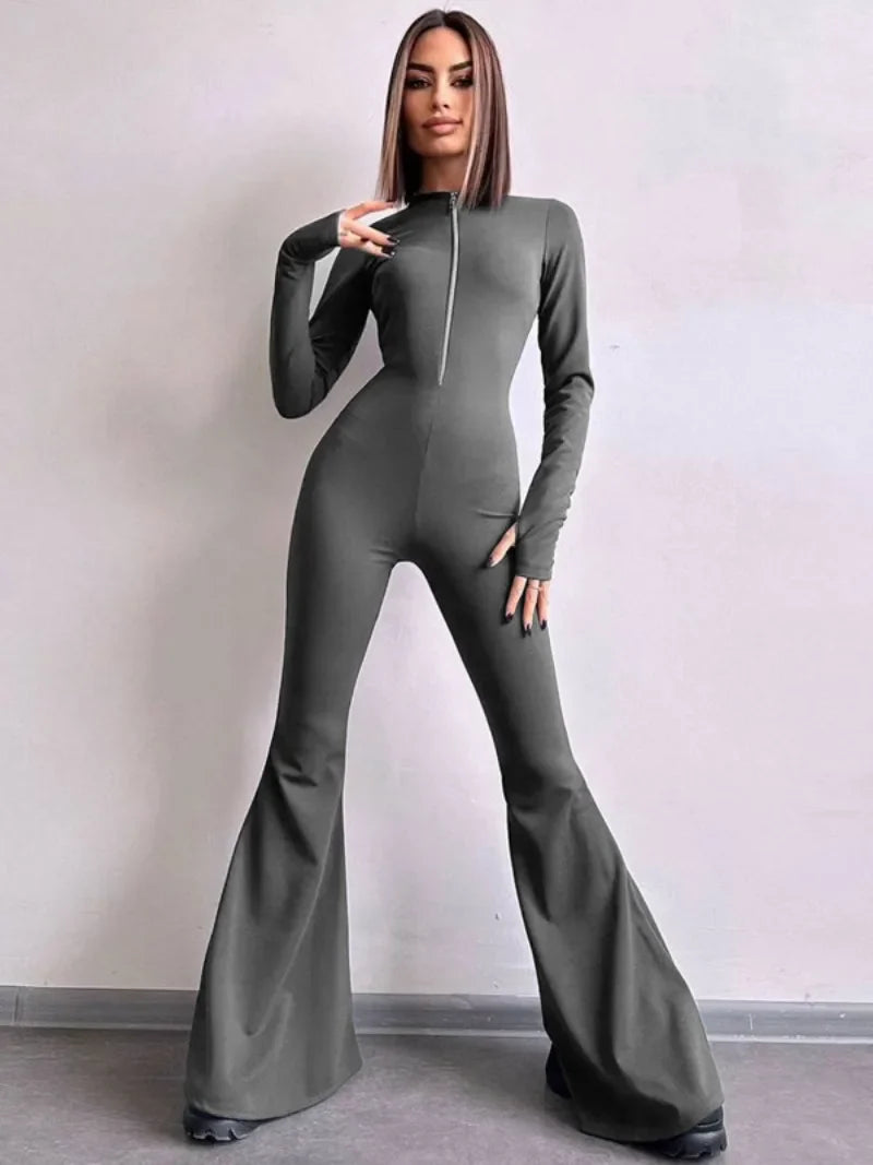 mvrsgreen  Spring Long Sleeve Zip-up Flare Pants Jumpsuits for Women Elegant O-neck High Waist Tunics Slim Overalls Female Streetwear