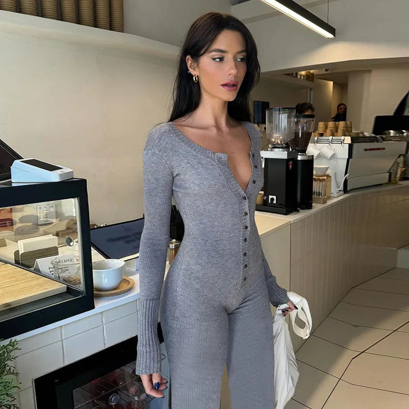 mvrsgreen  Grey Black One Piece Knit Stretch Jumpsuit Button Up Long Sleeve Bodycon Romper Comfy Fall Winter Outfits For Women