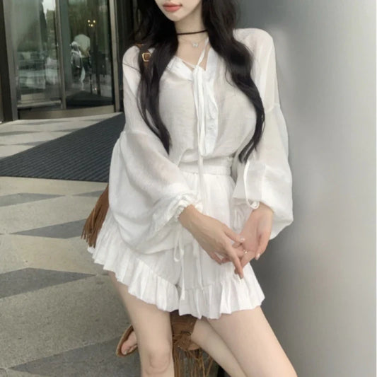 mvrsgreen Autumn New Korean V-neck Lace Up Loose Casual Long-sleeved Shirt Women + High Waist Pleated White Shorts Two-piece Suit