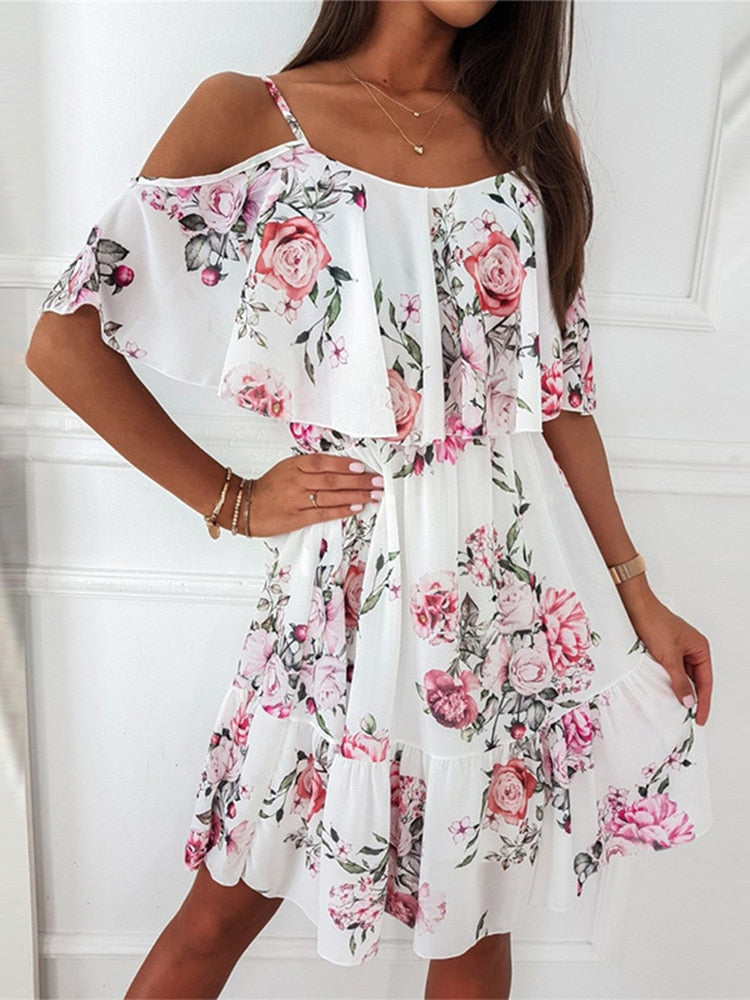 Sexy Floral Print High Waist Ruffle Mini Dress Fashion Sling Off Shoulder Party Dress Women Clothing Elegant Slim Draped Vestido