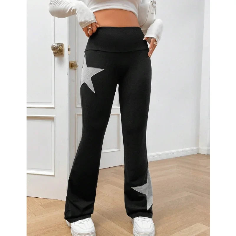 mvrsgreen Y2k Star Print Flare Leg Sweatpants Women High Waist Slim Fitness Leggings 2024 Summer Sports Bottom Elastic Trousers