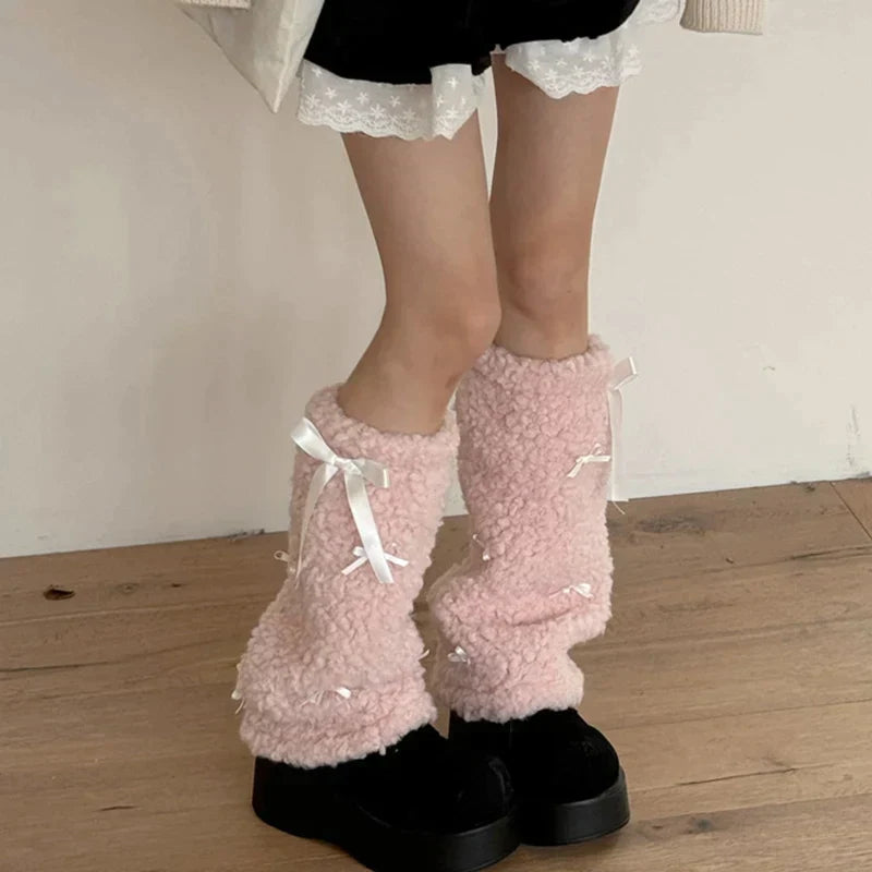 mvrsgreen New Bow Lamb Leg Warmers Winter Warm Plush Boots Cover Socks Half Leg Socks Y2K Women Gothic Lolita Kawaii Jk Accessories