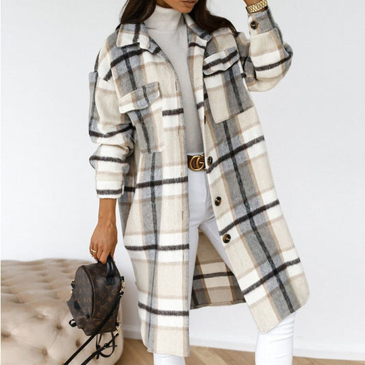 mvrsgreen Single Breasted Trench Coat Fashion Long Autumn Winter Women's Clothing Long Sleeve Woolen Plaid Overcoat Coat