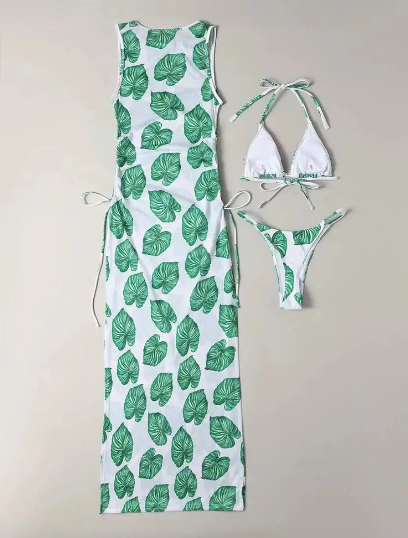 mvrsgreen 3 Pieces Leaf Print Thong Bikini Women With Cover Up Swimwear Female Trikini Swimsuit Bathers Bathing Swimming Suit Summer