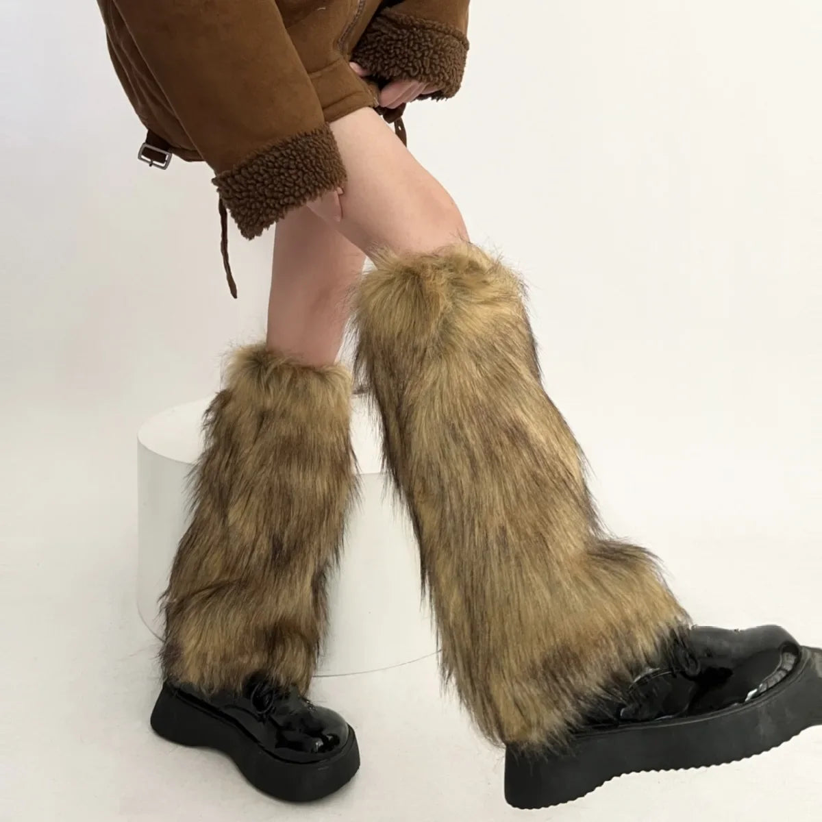 mvrsgreen Vintage Imitation Faux Fur Leg Warmers Retro Modern Y2k Brown Winter Warm Boots Cover Socks Punk Jk Knee-length Party Sock