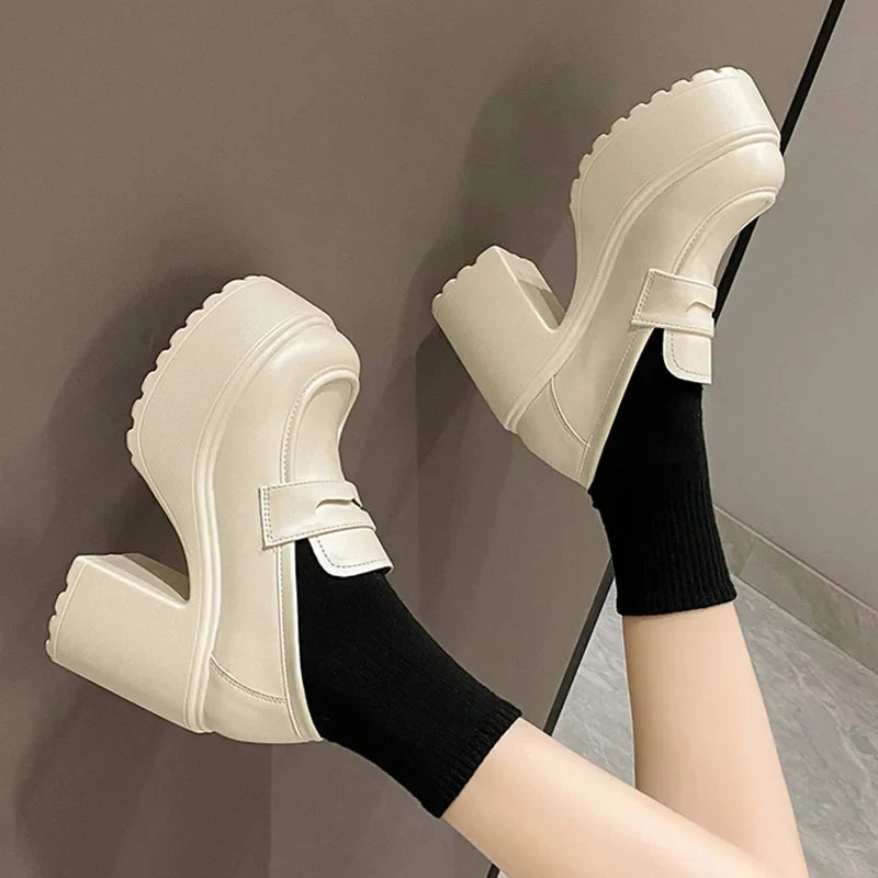 mvrsgreen Black White Chunky Platform Loafers Women Autumn Thick High Heel Pumps Woman Slip On Pu Leather Goth Shoes Female