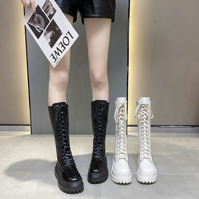 mvrsgreen Chunky Platform Punk Boots Women Thick Bottom Knee High Boots Woman Autumn Winter Fashion PU Leather Motorcycle Botas Mujer