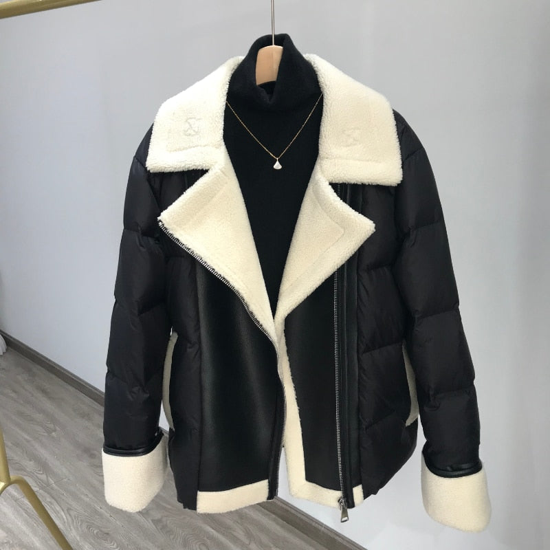 mvrsgreen New Winter Motorcycle Jacket Women High Street Faux Lamb Leather Patchwork White Duck Down Coat Lady Thick Warm PU Outwear