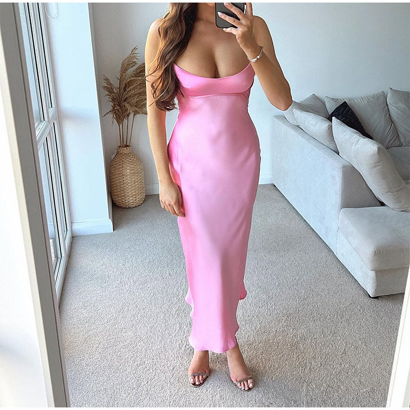 lovwvol Pink Camis Long Dresses Women Satin Cut Out Sleeveless Slip Dress Female Backless Sexy Party Dresses Summer Slit Midi Dress