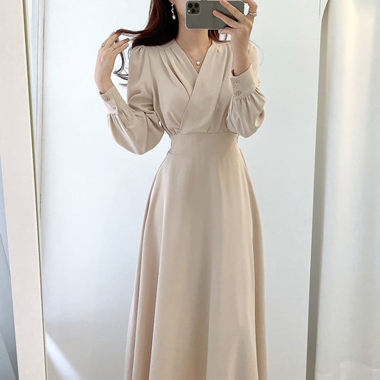 mvrsgreen Harajuku V-neck Puff Sleeve A-line Maxi Dresses for Woman Women Solid Color Midi Robe Korean Office Dresses Elegant Spring