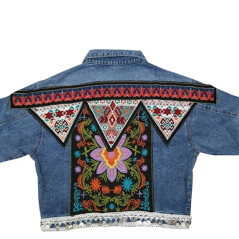 mvrsgreen Boho Denim Jacket for Women Autumn Floral Appliques Embroidery Vintage Coat Long Sleeve Outerwear Female Jacket Coatee