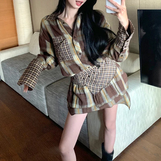 mvrsgreen Autumn New Polo Collar Contrast Color Plaid Loose Long-sleeved Shirt Women + Casual Irregular A-line Skirt Two-piece Suit