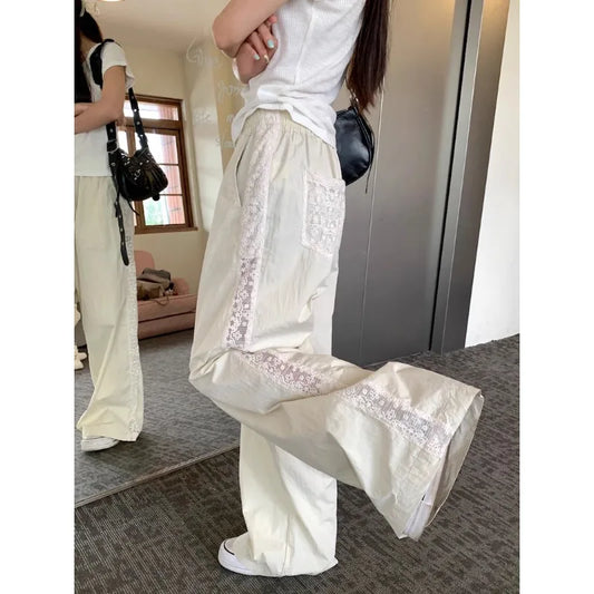 mvrsgreen Vintage Hollow Lace Splicing Casual Pants Women Summer New Korean High Waist Loose All Match Wide Leg Pants