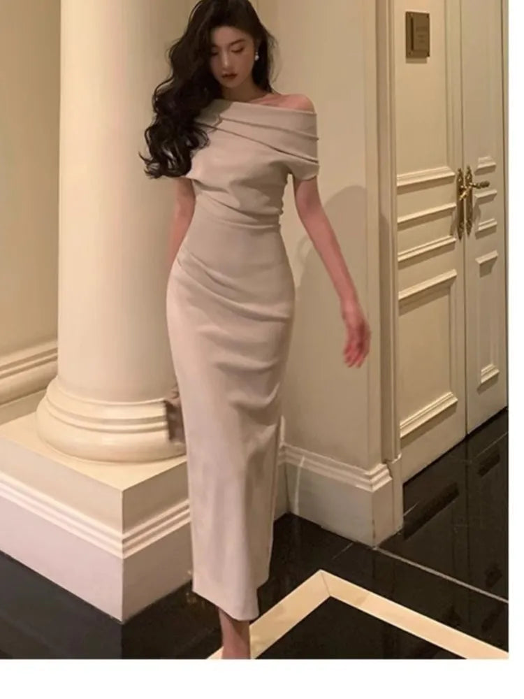 mvrsgreen Elegant Solid Bodycon Evening Party Dresses for Women Fashion Off Shoulder Prom Vestidos Summer Korean Robe Female Clothing