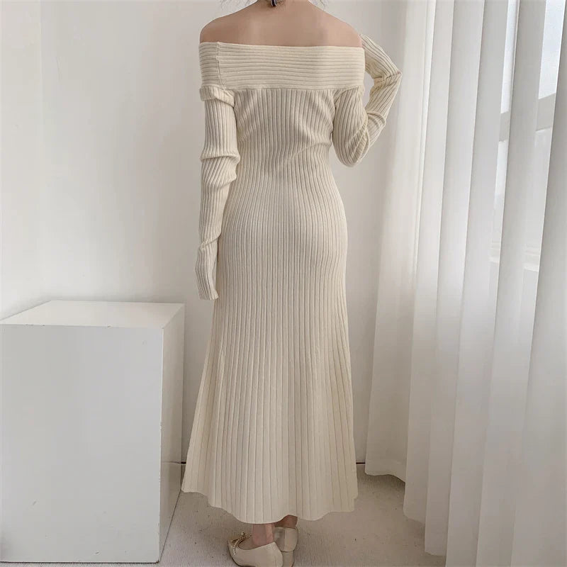 mvrsgreen - New  Autumn Winter Long Sweater Dress Women Slash Neck Cross Elegant Knitted Dresses Rib Cotton Maxi Dresses Female