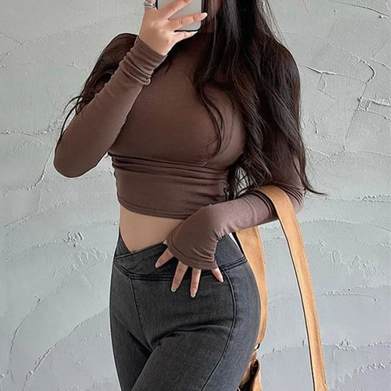 mvrsgreen Y2k Turtleneck Korean T Shirt Egirl Crop Top Tee Autumn Winter Fashion Long Sleeve Slim Streetwear Solid Casual Tops