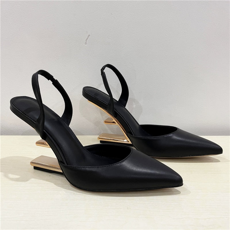 Black Women Pumps Pointed Toe High Heels Letter Strange Heel Slingback Dress Shoes  New Gladiator Sandals Female Wedges