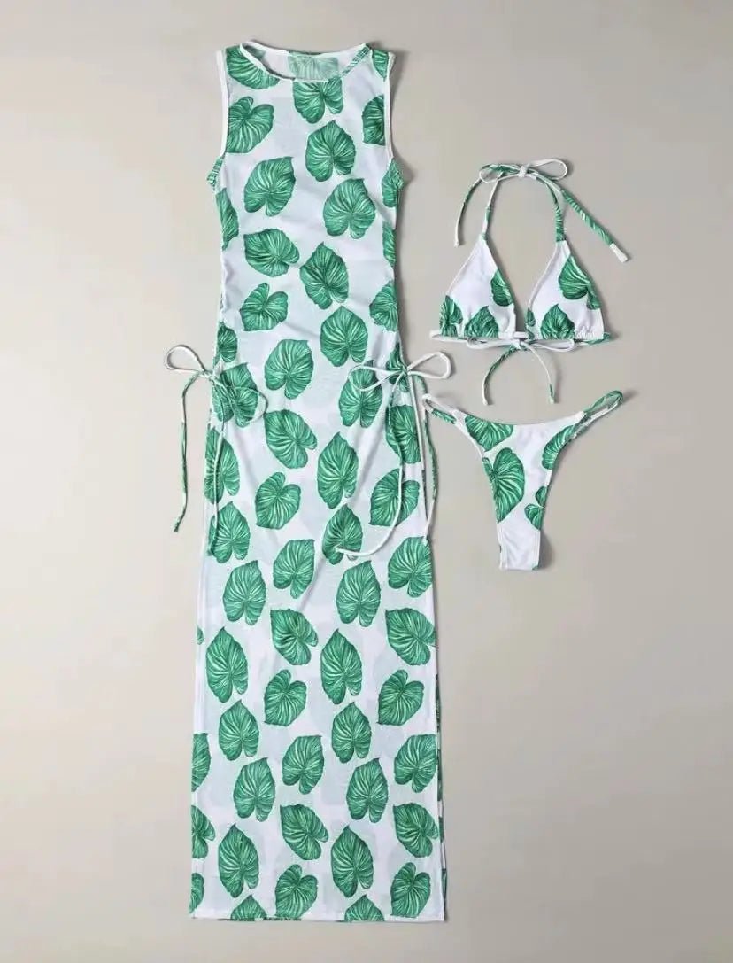 mvrsgreen 3 Pieces Leaf Print Thong Bikini Women With Cover Up Swimwear Female Trikini Swimsuit Bathers Bathing Swimming Suit Summer