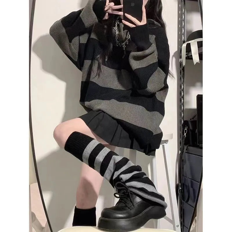 mvrsgreen - Gidyq Women Knitted Sweatshirt Korean Fashion Stripe Female Loose Long Sleeve Sweater Casual Streetwear Jumper Autumn New