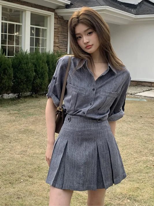 mvrsgreen Women Fashion Solid Pleated 2 Piece Suit Korean Casual Single-Breasted Shirt A-Line Mini Skirt Set Female Summer Outfits Clothes