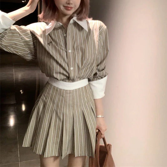 mvrsgreen Autumn New Korean Polo Collar Contrast Color Striped Loose Long-sleeved Shirt Women + Pleated A-line Skirt Two-piece Suit