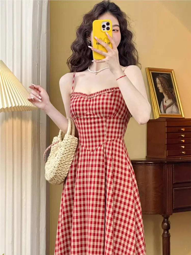 mvrsgreen Elegant Plaid Midi Dress Women French Vintage Spaghetti Strap A-line Spring Summer Holiday Beach Style Prom Robe Vestidos Mujer