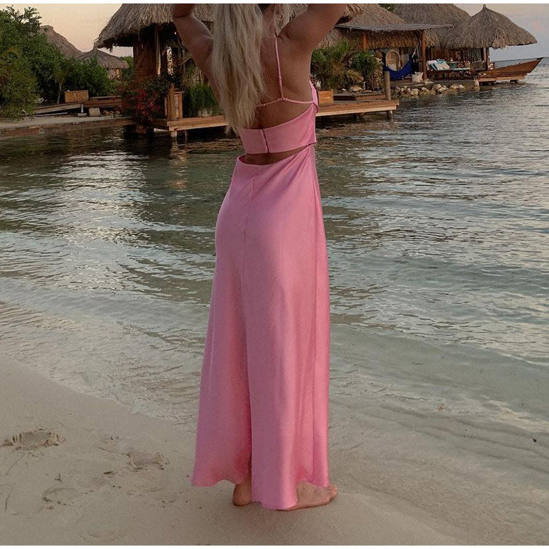 lovwvol Pink Camis Long Dresses Women Satin Cut Out Sleeveless Slip Dress Female Backless Sexy Party Dresses Summer Slit Midi Dress