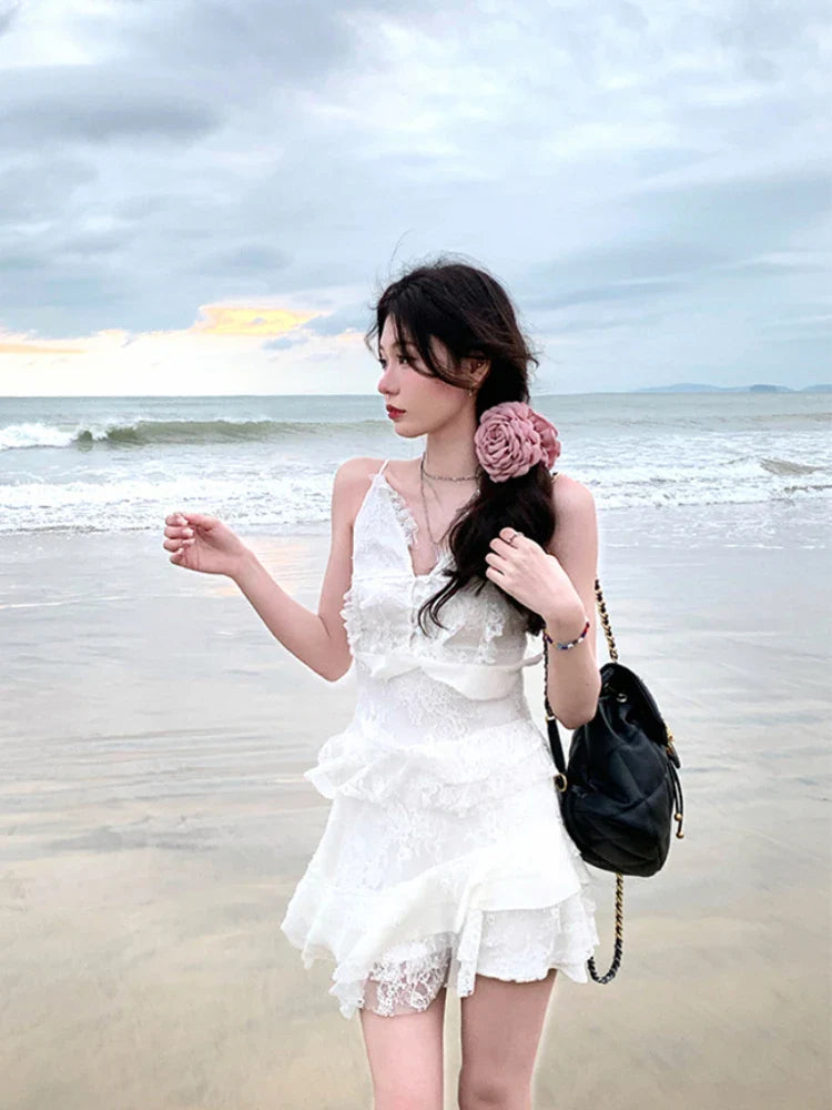 mvrsgreen Beach Style Whit V-Neck Dress Even Party Female Elegant 2000s Vintage Clothing Korean Fashion Y2k Mini Dress Women Summer Boho