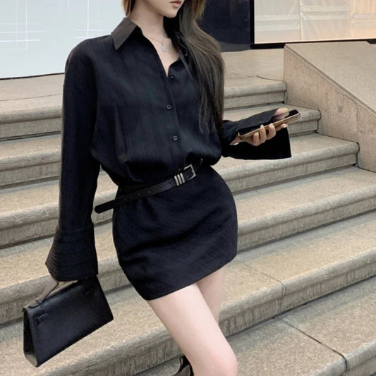 mvrsgreen Polo Collar Sexy Slim Black Long-sleeved Dress Women  Spring New High Street Fashion All Match Mini Dress with Belt