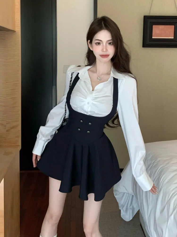 mvrsgreen Woman Preppy Style Mini Dress 3 Piece Set Korean Elegant White Shirt + Short Blazers Coat Outfits Spring Fashion Y2K Uniform