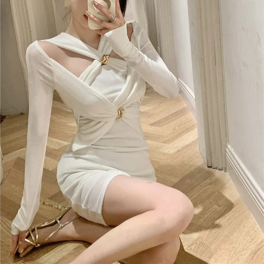 mvrsgreen 2024 Women Autumn Elegant Office Lady Bodycon Hollow Out Mini Dress French Vintage Y2k Dress Korean Retro Fashion Clothing