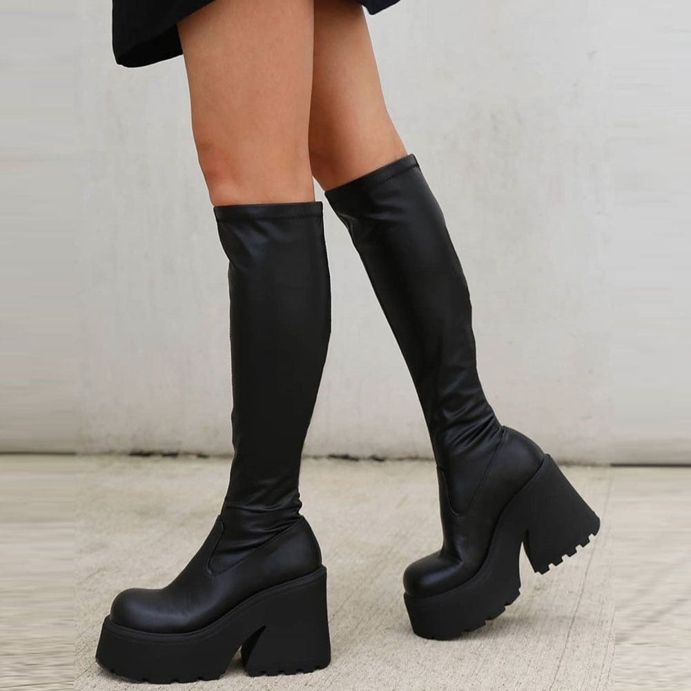 mvrsgreen Platform High Heeled Women Knee-high Boots Gothic Style Street New Winter Great Quality Cool Women Shoes Boots