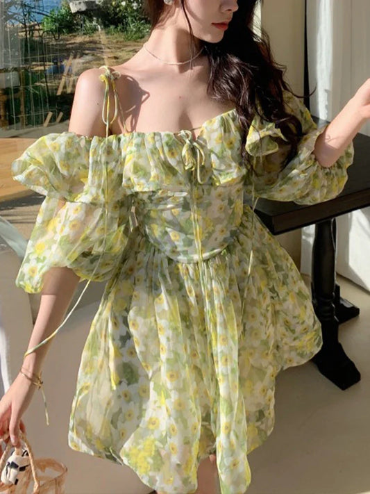 mvrsgreen Floral Print Dress Women Summer Green Short Dresses Female Elegant Holiday Dress  Ladies Korean Fashion Slash Neck Vestidos