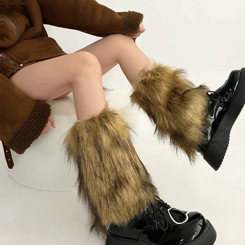 mvrsgreen Vintage Imitation Faux Fur Leg Warmers Retro Modern Y2k Brown Winter Warm Boots Cover Socks Punk Jk Knee-length Party Sock