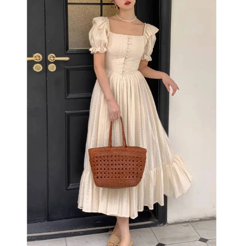 mvrsgreen Elegant Square Collar White Dress Summer Fashion Puff Sleeve Ruffle Dress for Women  Chic Vintage Maxi Dresses   New