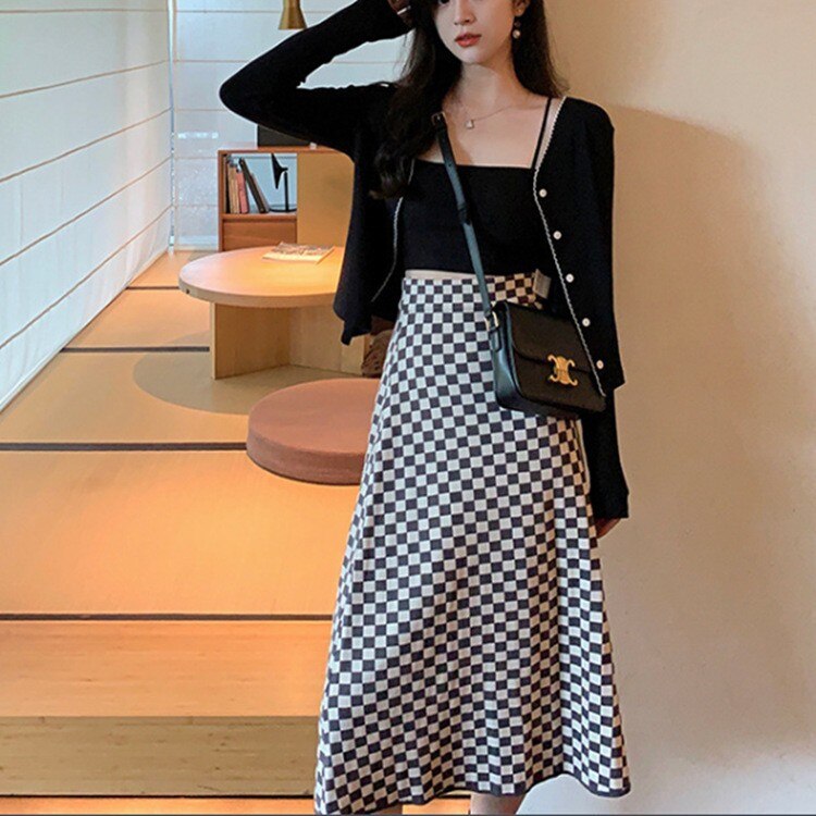 mvrsgreen Autumn Winter Womens Knitted Skirts Korean High Waist Mid-long One-step Skirt Woman Elegant Checkerboard Skirts