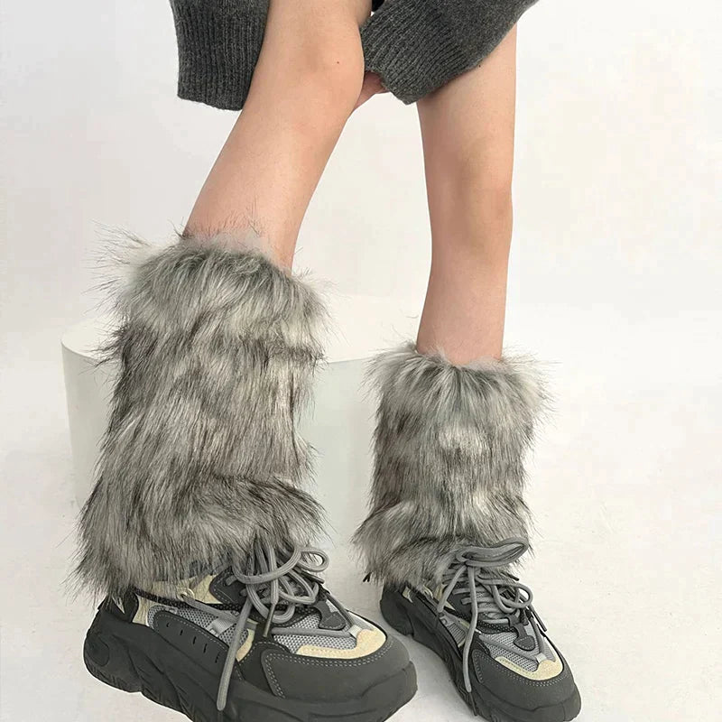 mvrsgreen Vintage Imitation Faux Fur Leg Warmers Retro Modern Y2k Brown Winter Warm Boots Cover Socks Punk Jk Knee-length Party Sock