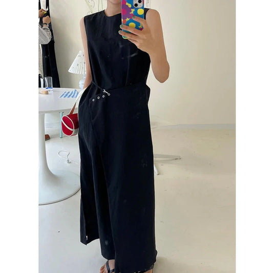 mvrsgreen Korean Side Button Loose Casual Mid-length Dress Women 2024 Summer New Streetwear O-neck Pleated Solid Color Sleeveless Dress