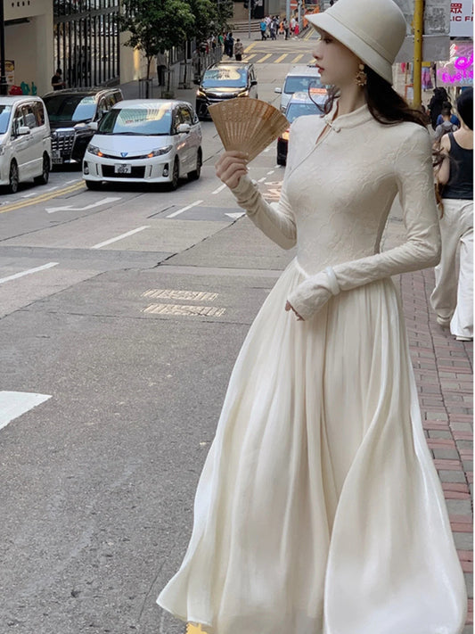 mvrsgreen Elegant Vintage Slim A-line Long Dress Women Chic Wedding Runway Party Vestidos Autumn Winter Office Lady One Piece Robe Clothes