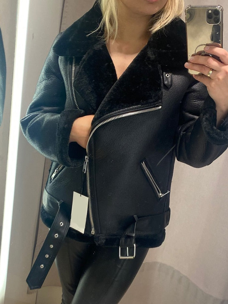 mvrsgreen Winter Coats Women Thickness Faux Leather Fur Sheepskin Female Fur Leather Jacket Aviator Outwear Casaco Feminino