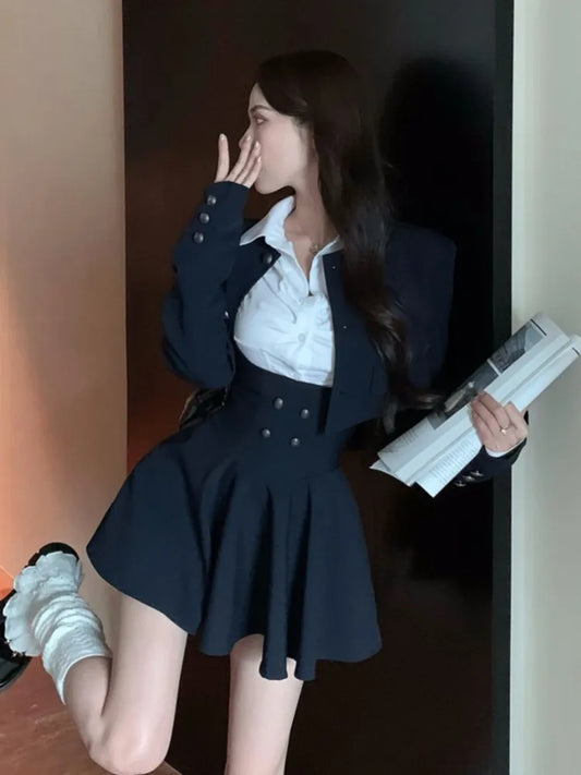 mvrsgreen Woman Preppy Style Mini Dress 3 Piece Set Korean Elegant White Shirt + Short Blazers Coat Outfits Spring Fashion Y2K Uniform