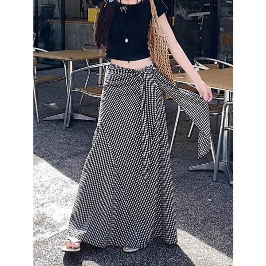 mvrsgreen Korean Retro Contrast Color Plaid Loose A-line Skirt Women 2024 Summer New Streetwear High Waist Lace Up Casual Mid-length Skirt