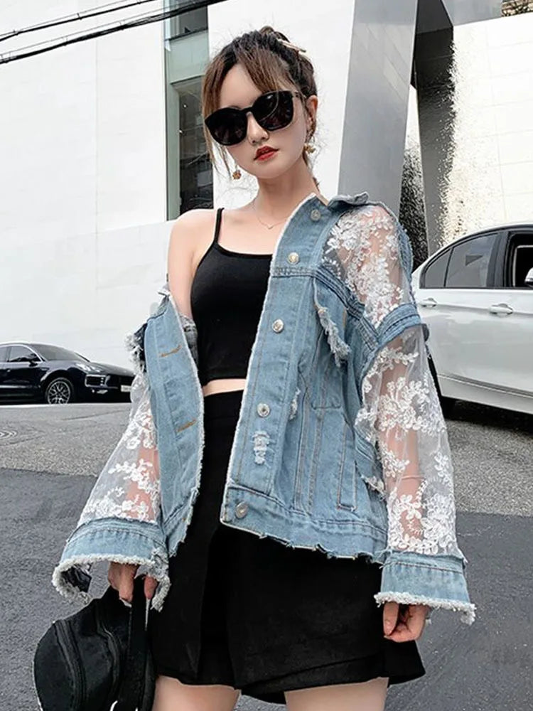 mvrsgreen Embroidered Perforated Women's Denim Jacket, Women's Summer Lace Patchwork Sun Protection Suit Woman Coat Jean Jacket For Women