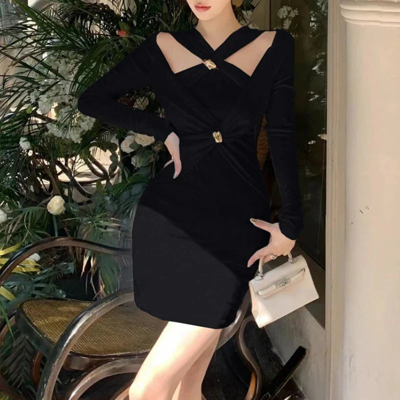 mvrsgreen 2024 Women Autumn Elegant Office Lady Bodycon Hollow Out Mini Dress French Vintage Y2k Dress Korean Retro Fashion Clothing