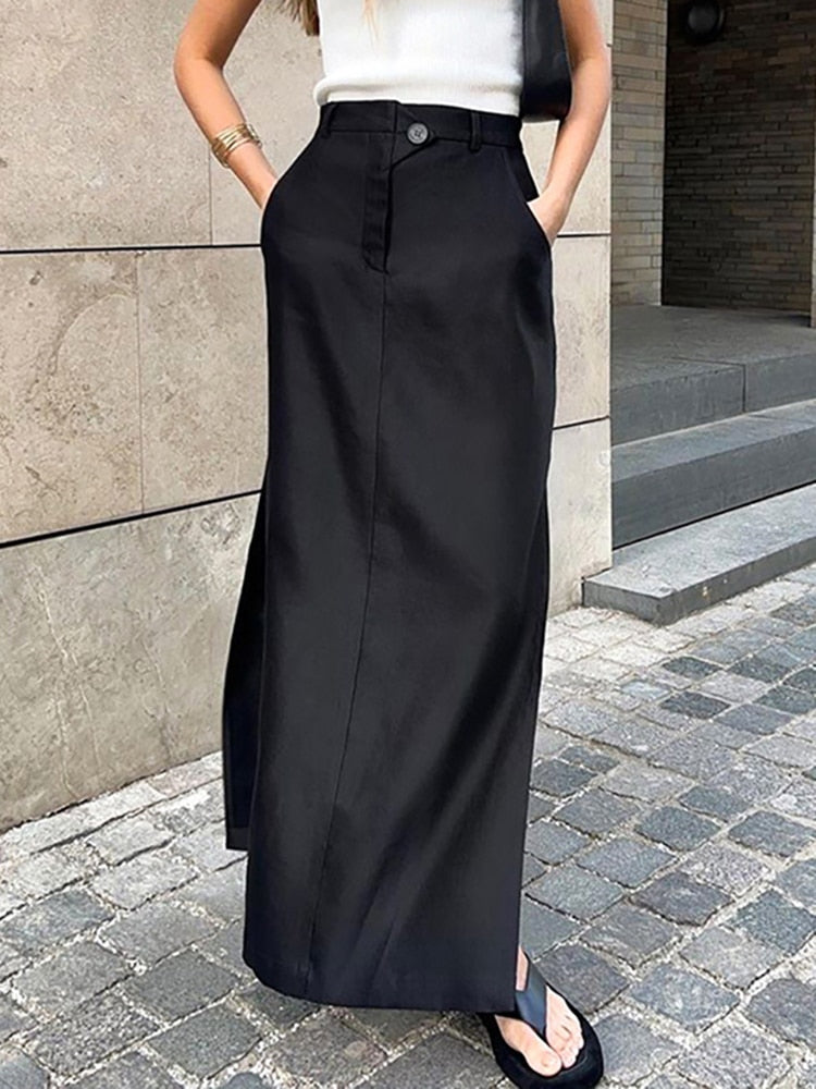 mvrsgreen Black Skirt Women Autumn Streetwear High Waisted Pencil Long Skirts Dress Femme Casual Split Vintage Silk Skirt