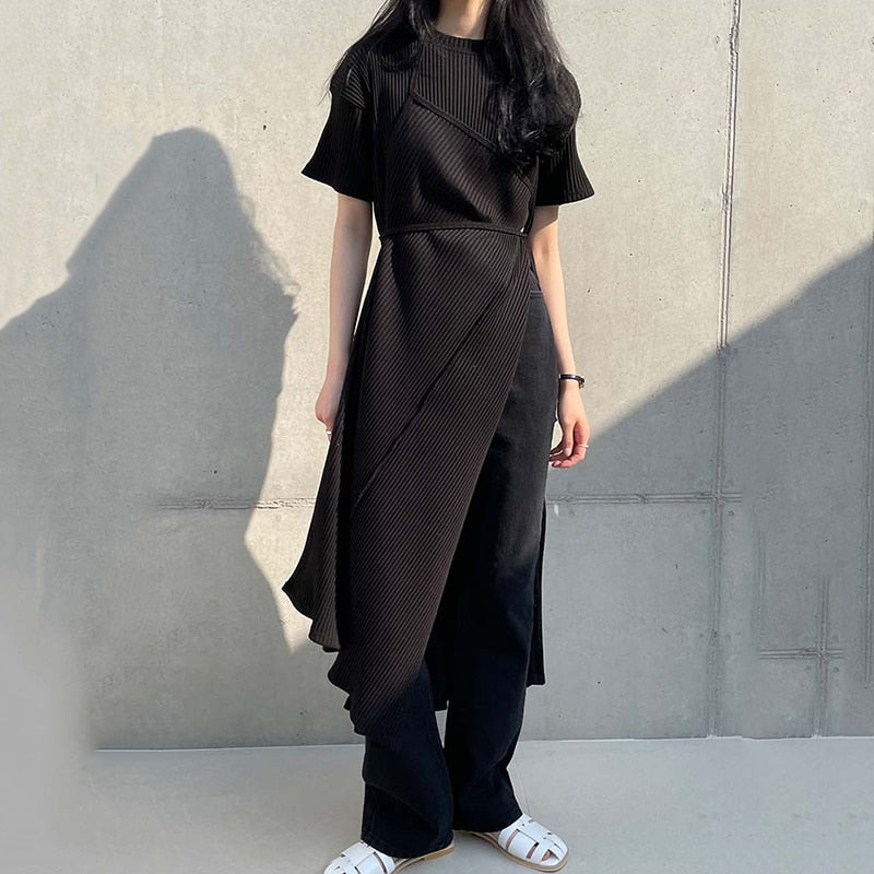 mvrsgreen alt black girl going out?classic style women edgy style church outfit brunch outfit cute spring outfitsChic Korean Pleated Dress Woman Summer Beige Solid Short-sleeve Irregular Long Dresses Woman Clothing O-neck Runway Dress