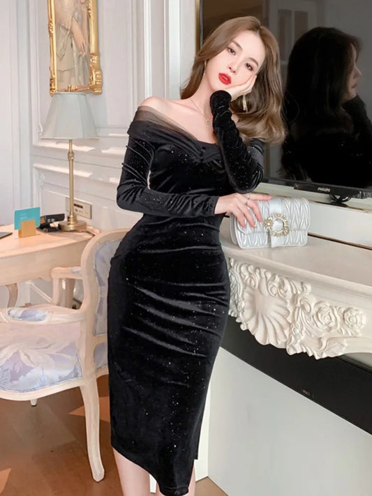 mvrsgreen Elegant Sequins Velvet Midi Dress Office Lady Off Shoulder Black Bodycon Evening Vestidos Spring Autumn Female Formal Clothes