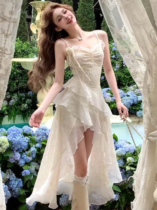 mvrsgreen Elegant Pure Color Ruffles Beach Dress Summer Sleeveless Irregular One Piece Party Dresses Woman Korea Fashion Fairy Vestidos