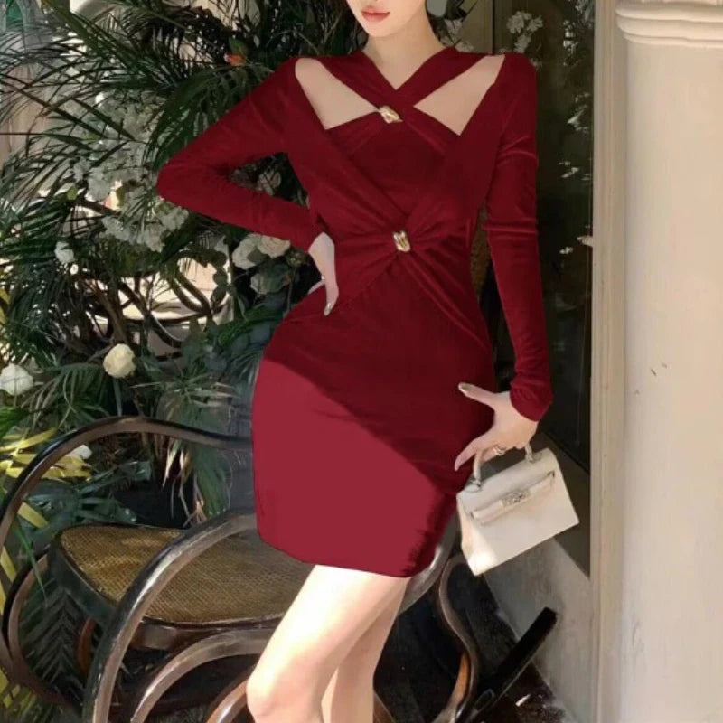 mvrsgreen 2024 Women Autumn Elegant Office Lady Bodycon Hollow Out Mini Dress French Vintage Y2k Dress Korean Retro Fashion Clothing